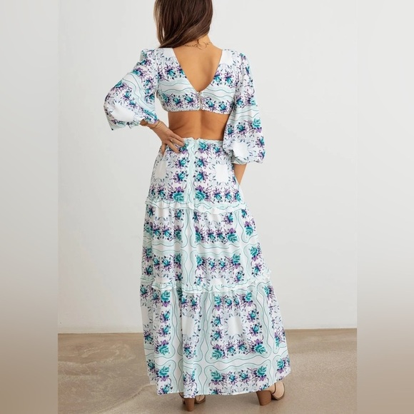 Floral Ruffle Criss-Cross Waist O-Ring cut out Maxi Dress NWT multiple sizes - Picture 2 of 7